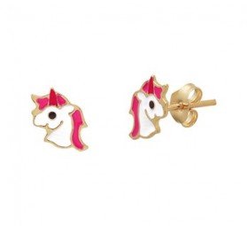 Damen & Kinder Emaille Einhorn Ohrstecker - Gelbgold 14 Karat (585)