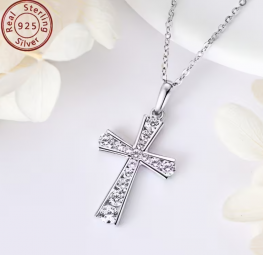 Damen Kreuz Anhänger 925 Silber Rhodiniert mit Zirkonia