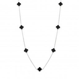 Damen Collier Kleeblatt aus 925 Sterlingsilber und Onyx