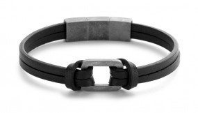 Herren Armband Echt Leder schwarz 2-rhg. Edelstahl