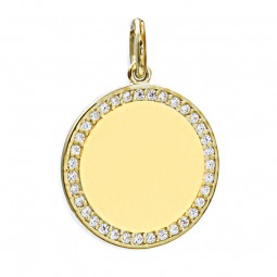 Anhänger Gravurplatte rund mit 35 Zirkonia 925 Silber vergoldet