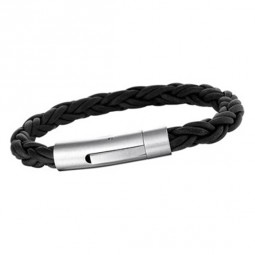 Herren Armband Leder schwarz geflochten mit Edelstahl
